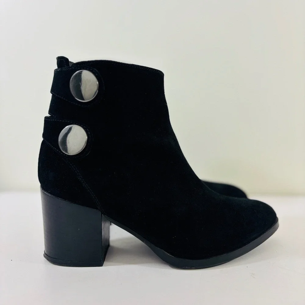 Alberto Fermani Women's Black Suede Heel Leather Ankle Boot Snap Italy Made 6.5